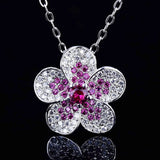 Plum Blossom Flowers Red Diamonds Gemstones Pendant Necklace Choker