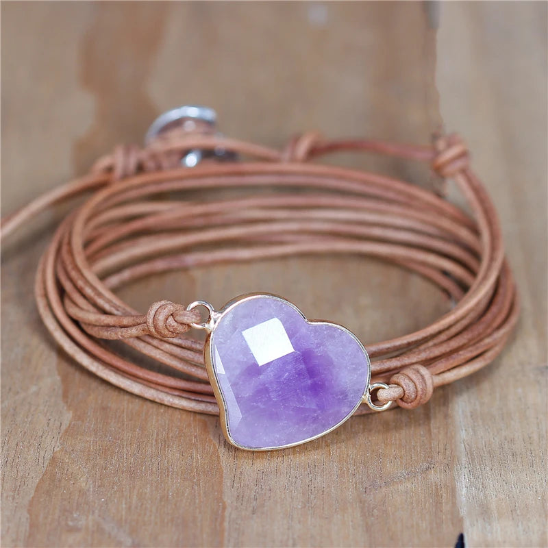 Purple Amethyst Heart Charm Leather Wrap Bracelet Vintage Jewelry