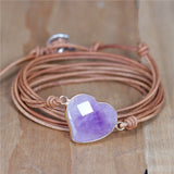Purple Amethyst Heart Charm Leather Wrap Bracelet Vintage Jewelry
