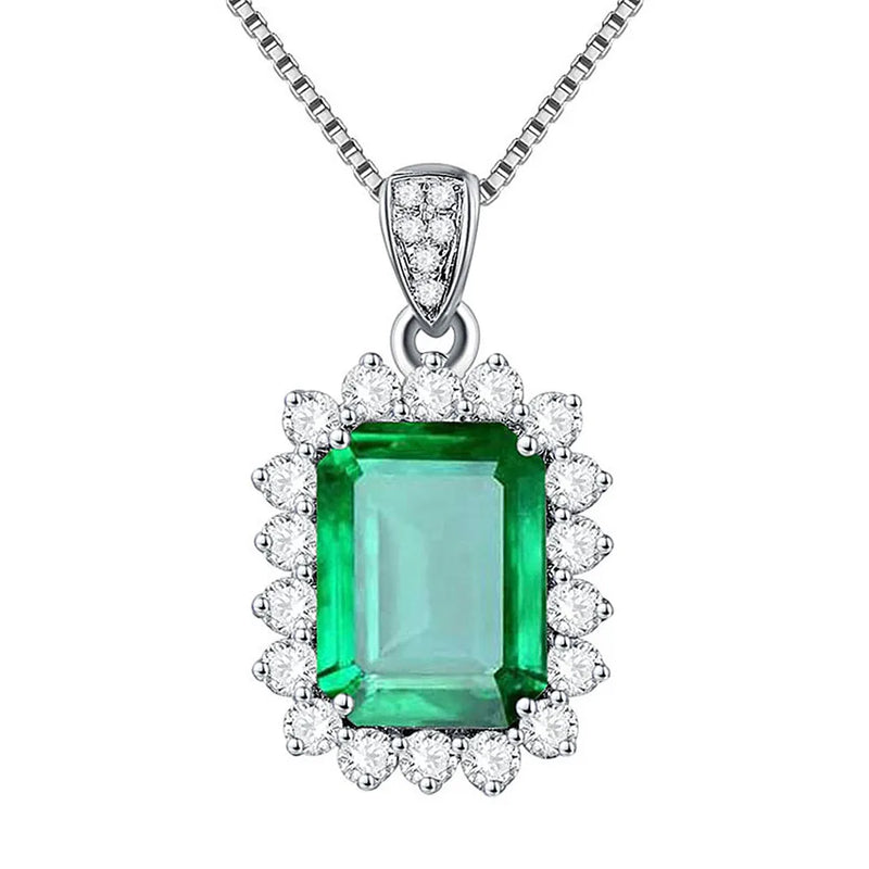 Green Crystal Emerald Diamond Pendant Silver Choker
