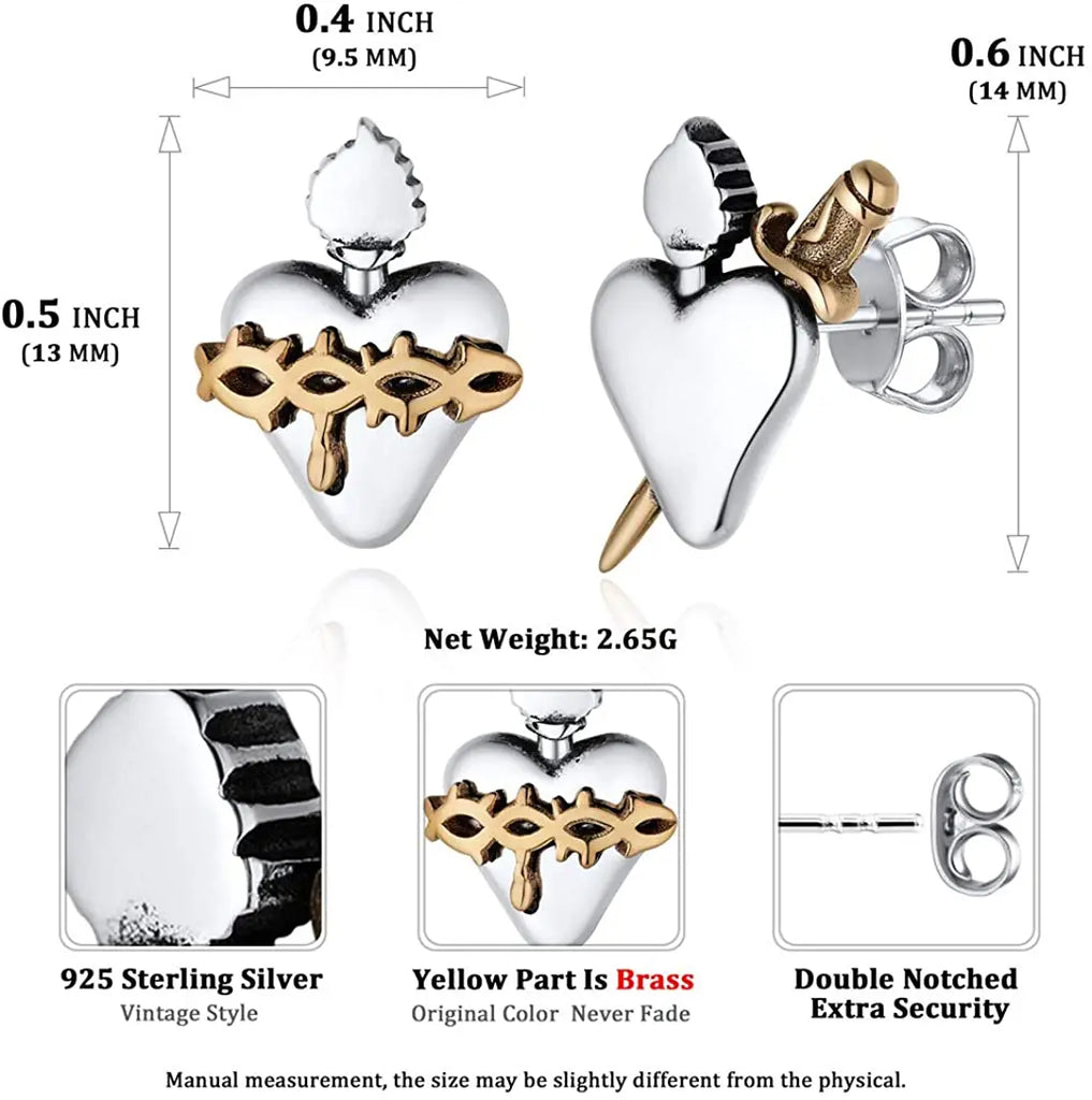 925 Silver Sacred Heart of Jesus Stud Earrings Vintage Christian Jewelry