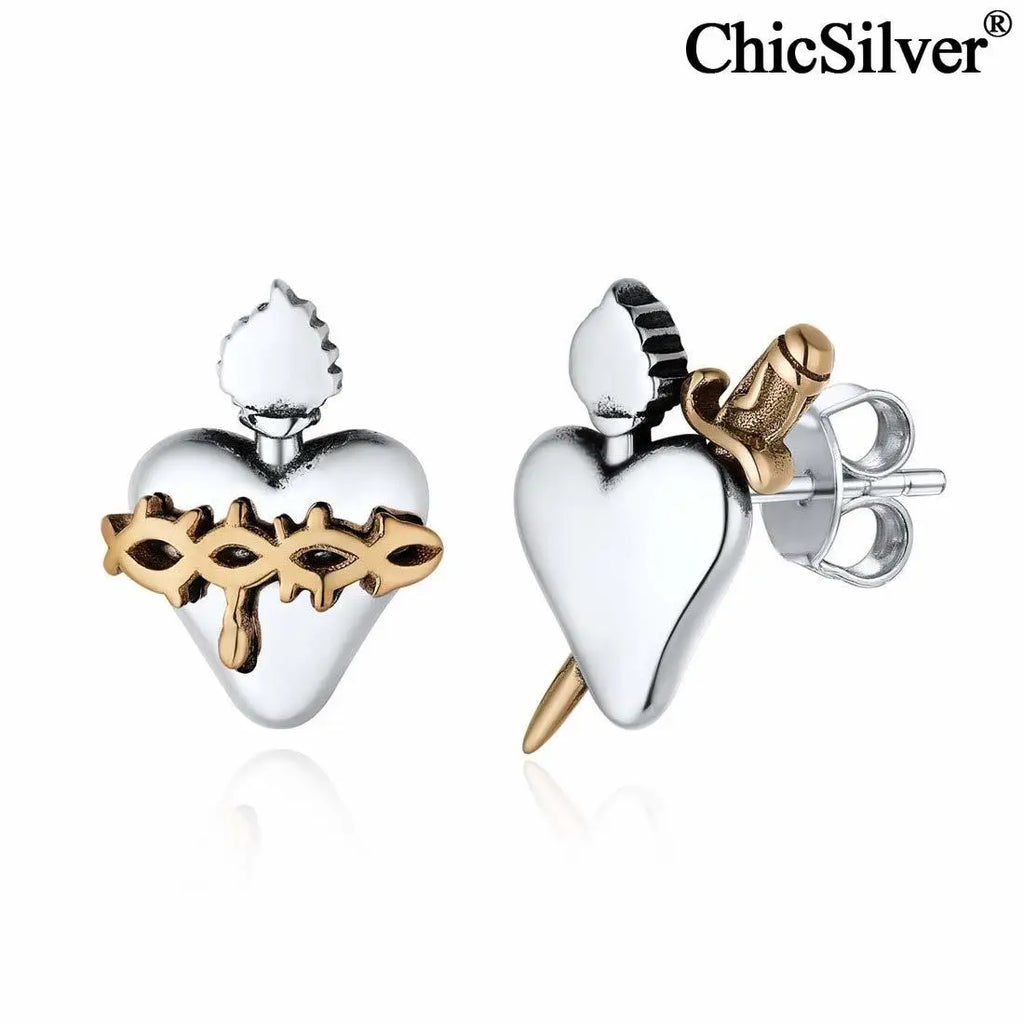 925 Silver Sacred Heart of Jesus Stud Earrings Vintage Christian Jewelry