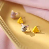 Creative Grey Mouse & Cheese Stud Earrings for Kids Girls