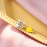 Creative Grey Mouse & Cheese Stud Earrings for Kids Girls