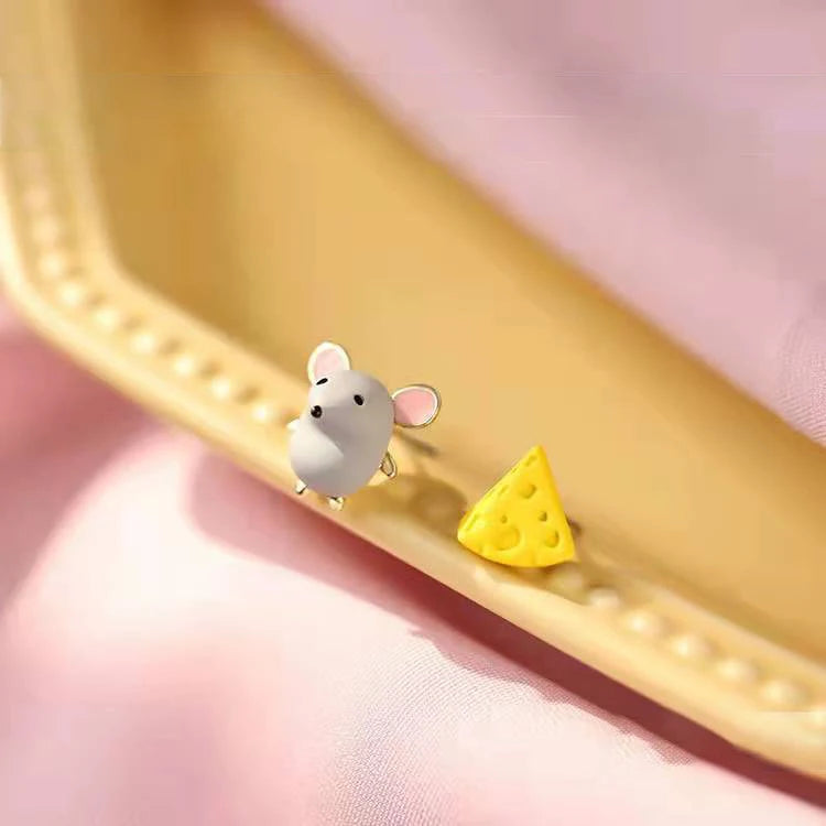 Creative Grey Mouse & Cheese Stud Earrings for Kids Girls