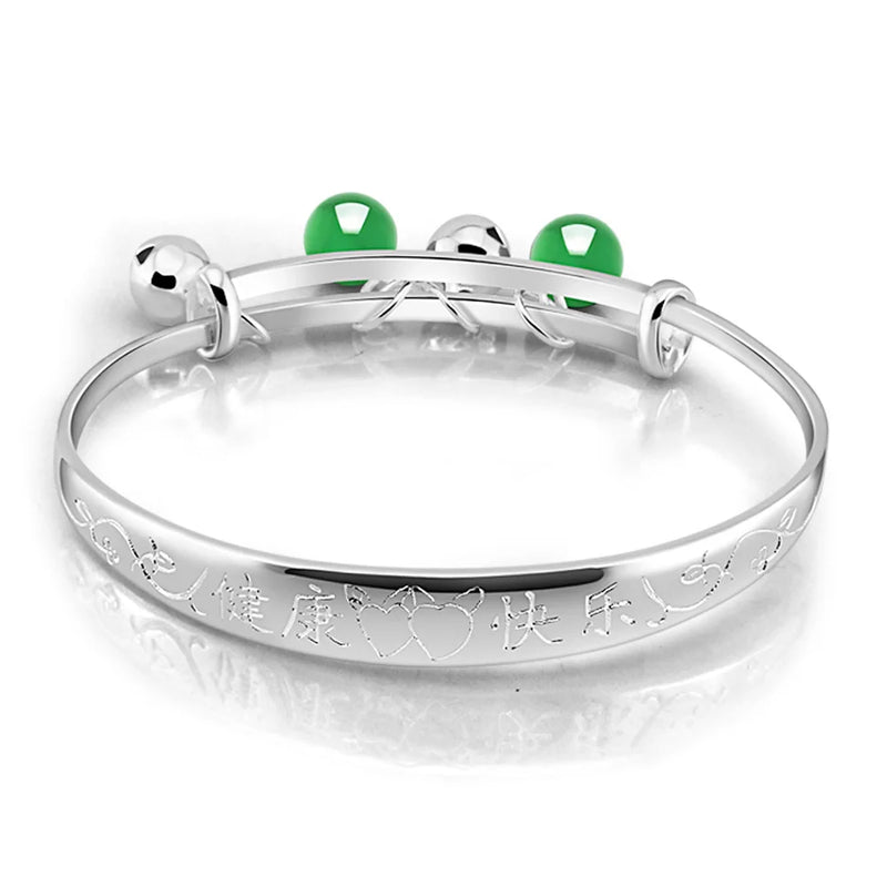 925 Silver Baby Bracelet Green Stone Pendant Bell Bangle
