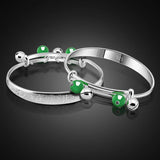 925 Silver Baby Bracelet Green Stone Pendant Bell Bangle