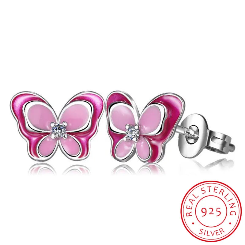 925 Silver Pink Enamel Butterfly Stud Earrings