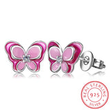 925 Silver Pink Enamel Butterfly Stud Earrings