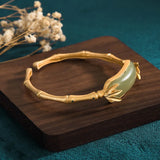 Vintage Copper Gold-Plated Bamboo Emerald Green Hetian Jade Bracelet