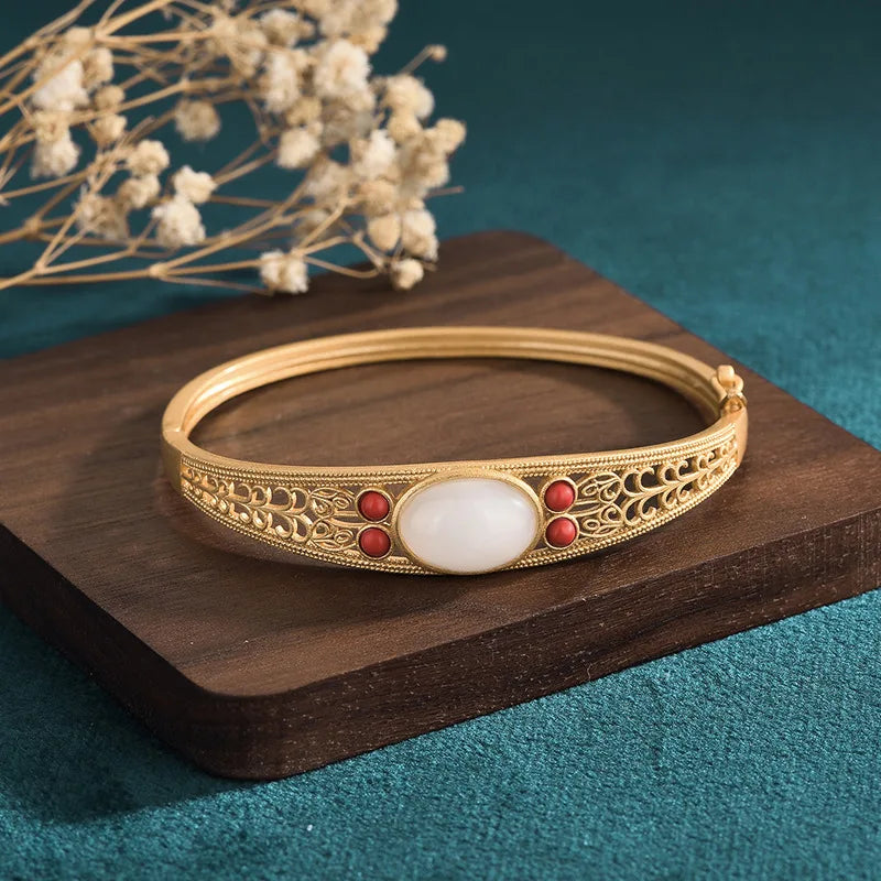 Vintage Gold-Plated Bracelet with Hetian Jade for Women