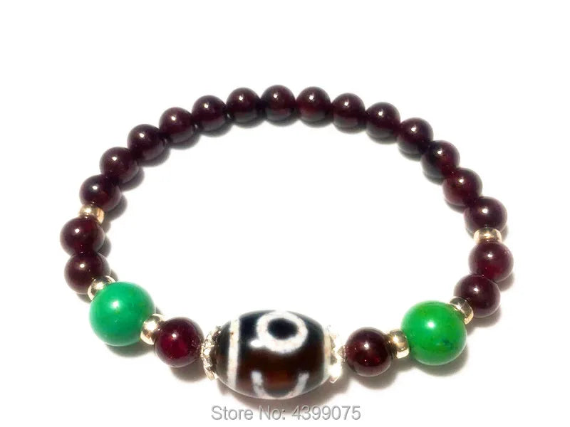 Tibet Agate DZI Bracelet with Natural Garnet Stone Pendant