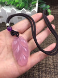 Natural Pink Agate Chalcedony Hand-carved Leaves Pendant Necklace
