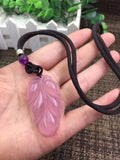 Natural Pink Agate Chalcedony Hand-carved Leaves Pendant Necklace