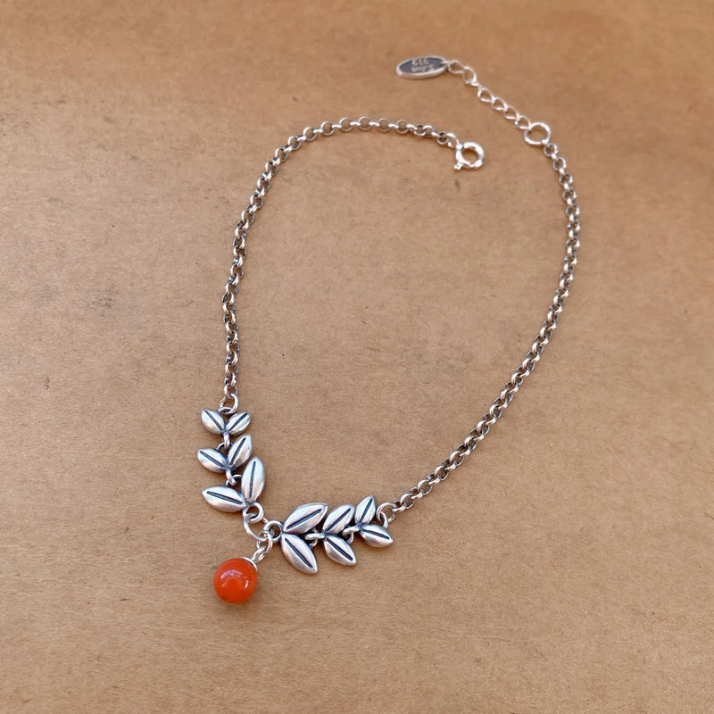 925 Silver Red Agate Bead Ankle Bracelet with Leaf Design