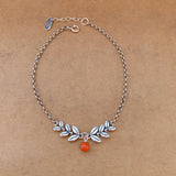 925 Silver Red Agate Bead Ankle Bracelet with Leaf Design