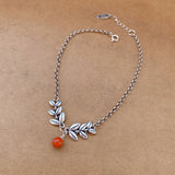 925 Silver Red Agate Bead Ankle Bracelet with Leaf Design