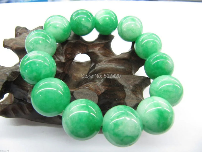 Chinese 14mm Green Jade Bracelet / Round Beads Bracelet