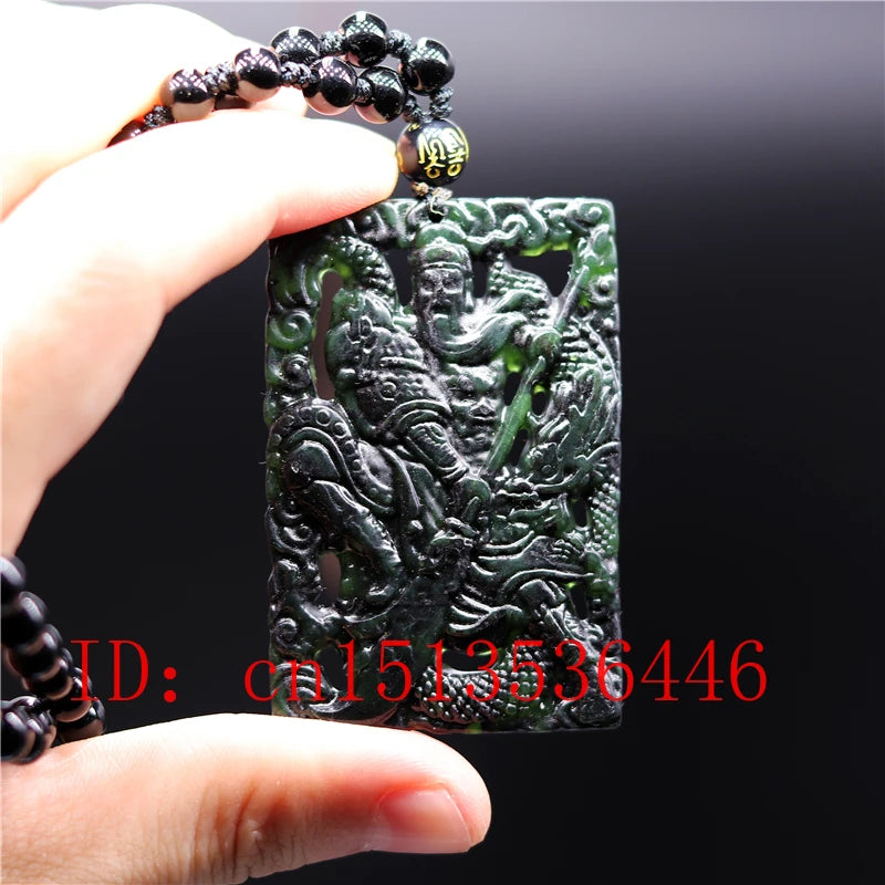 Chinese Green Jade Warrior Guan Gong Double-sided Carved Pendant Necklace