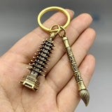 Chinese Brass Wenchang Tower Cicada Pendant Vintage Keychain
