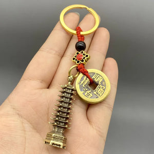 Chinese Brass Wenchang Tower Cicada Pendant Vintage Keychain