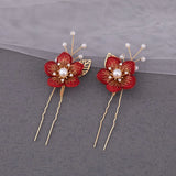Chinese Bridal Hair Comb Wedding Tiara Red Floral Tassel Hair Clip