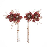 Chinese Bridal Hair Comb Wedding Tiara Red Floral Tassel Hair Clip