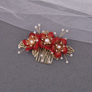 Chinese Bridal Hair Comb Wedding Tiara Red Floral Tassel Hair Clip