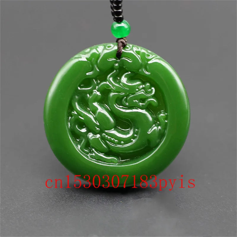 Chinese Carved Dragon Green Jade Pendant Necklace Charm Jadeite Jewelry