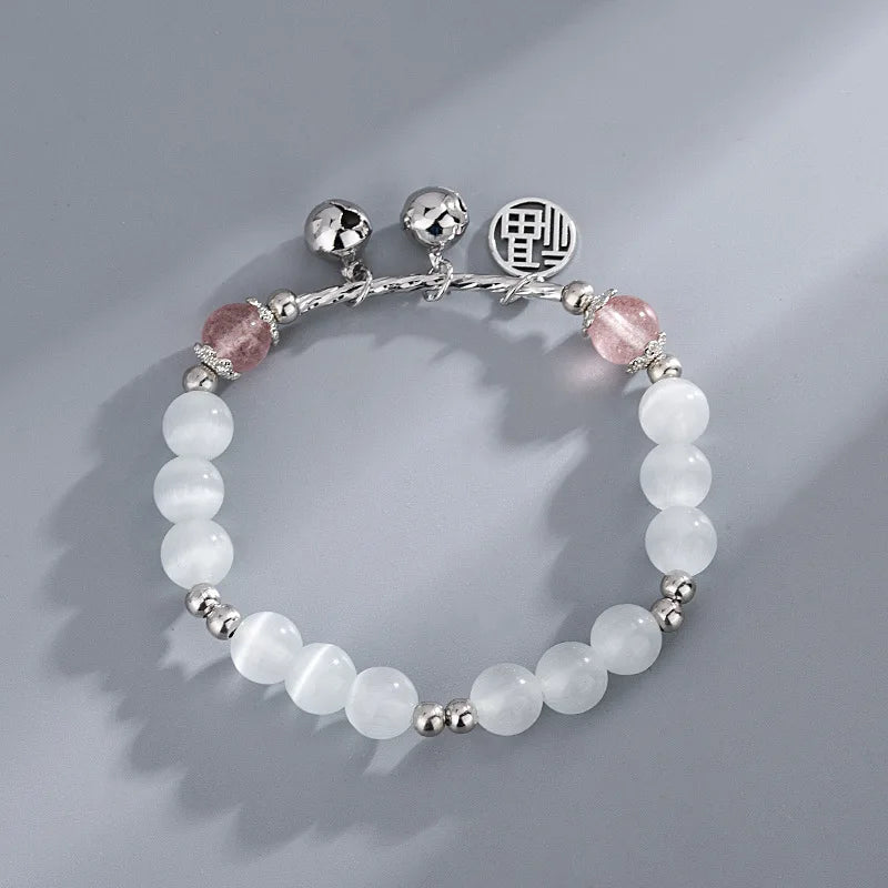 Strawberry Quartz Hetian Jade Beaded Bracelet Natural Blessing Chinese Character