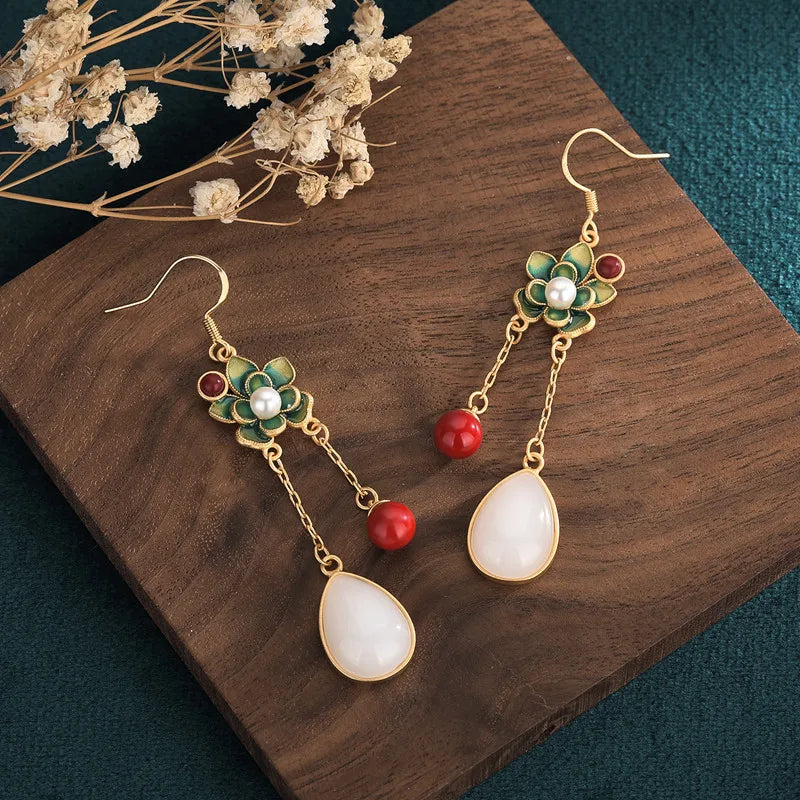 Chinese Cheongsam Style Drop Earrings Romantic Tassel Jewelry with Box