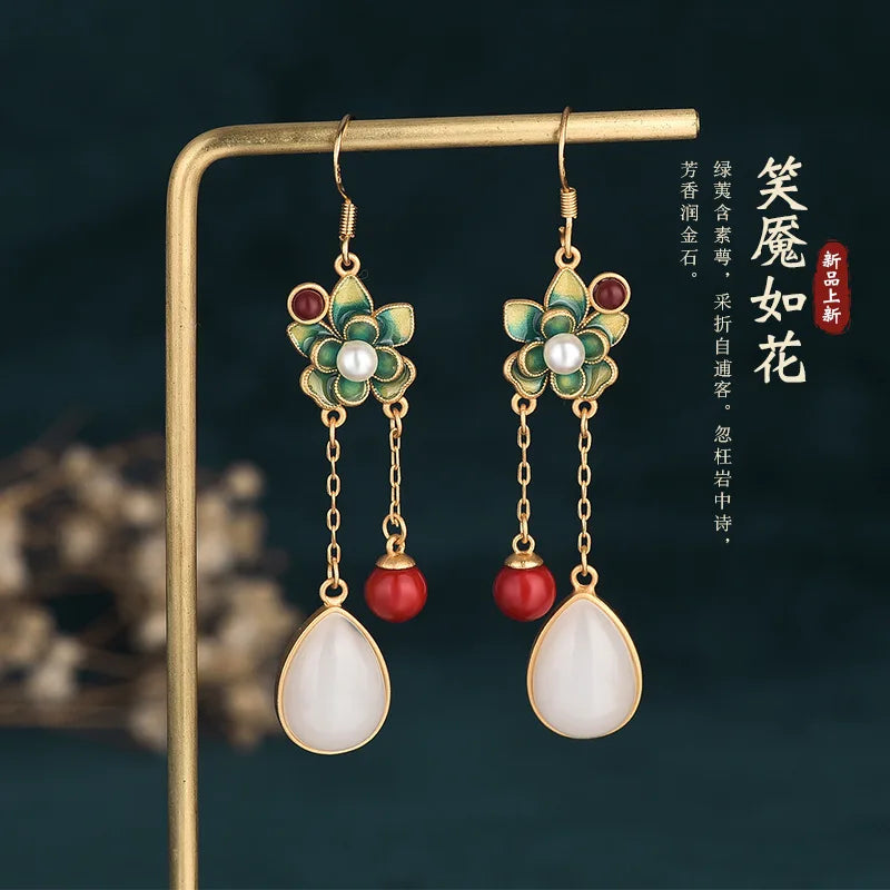 Chinese Cheongsam Style Drop Earrings Romantic Tassel Jewelry with Box