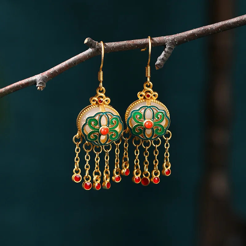 Chinese Cheongsam Style Drop Earrings for Women Oriental Tassel Jewelry