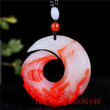 Chinese Chicken Blood Red Jade Runes Pendant Hand Carved Necklace