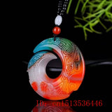 Chinese Chicken Blood Red Jade Runes Pendant Hand Carved Necklace