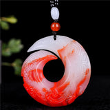 Chinese Chicken Blood Red Jade Runes Pendant Hand Carved Necklace