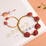 Chinese Cinnabar Rose Beads Bracelet Hand-Carved Woman