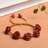 Chinese Cinnabar Rose Beads Bracelet Hand-Carved Woman