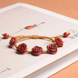 Chinese Cinnabar Rose Beads Bracelet Hand-Carved Woman