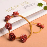 Chinese Cinnabar Rose Beads Bracelet Hand-Carved Woman