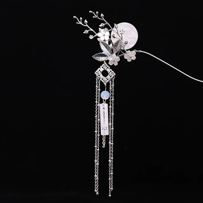 Chinese Classic Hairpin Fairy Floral Moon Tassels Dress Accessory