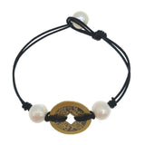 Chinese Coin 10-11mm Freshwater Pearls Bracelet with Leather 7.5 Inch