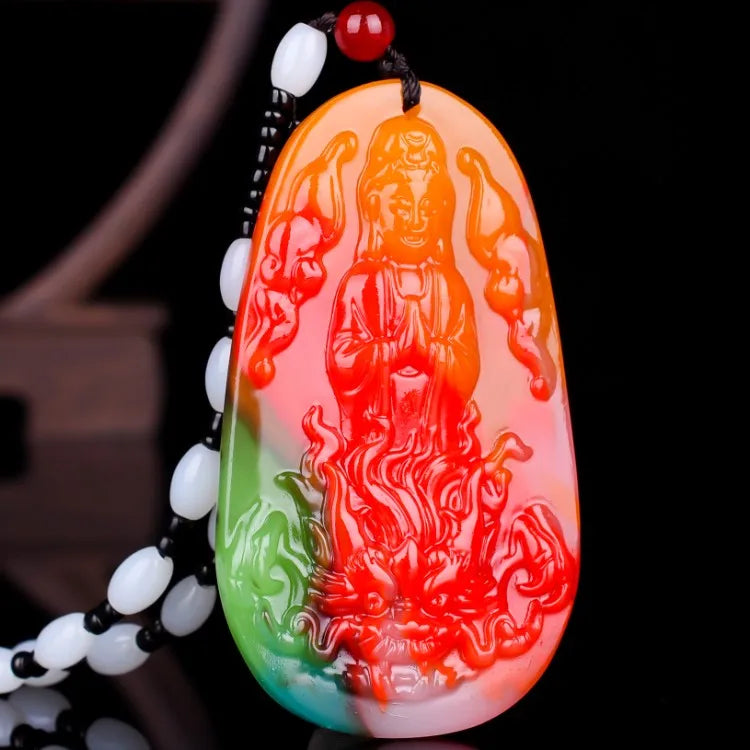 Chinese Jade Guanyin Pendant Necklace Charm Hand-Carved Luck Amulet