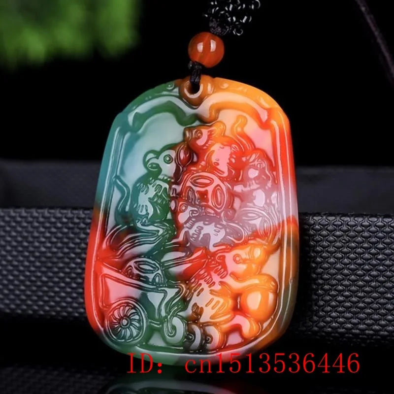 Chinese Colorful Jade Five Rats Wealth Pendant Necklace Charm