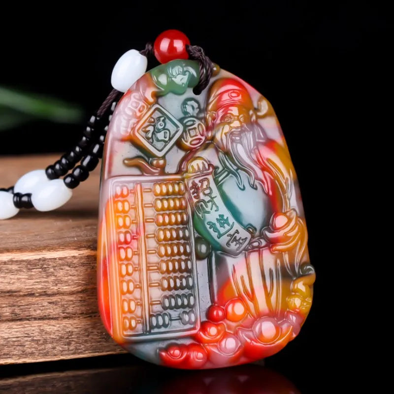 Chinese Colorful Jade Mammon Pendant Necklace Jewellery Hand-Carved