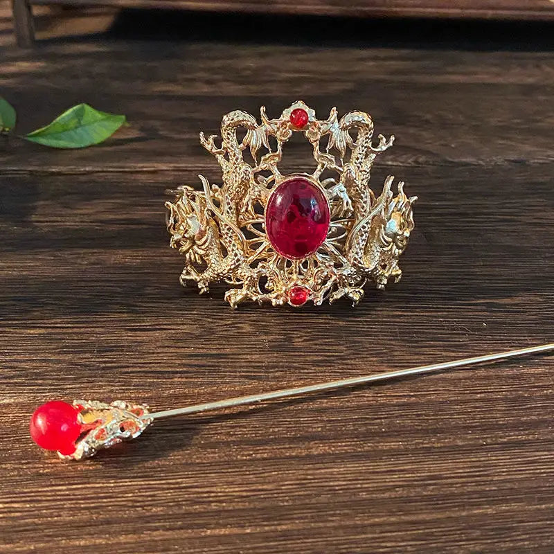 Chinese Double Dragon Hair Crown Hanfu Headdress And Silver