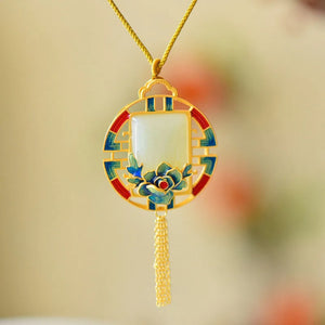 Chinese Ethnic Style Enamel Khotan Jade Necklace with Tassel Pendant