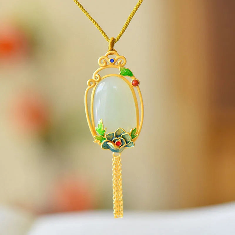 Chinese Ethnic Style Enamel Khotan Jade Necklace with Tassel Pendant