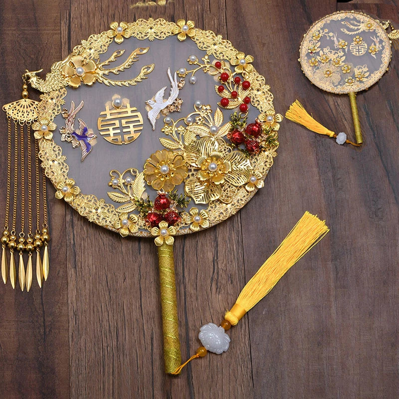 Chinese Traditional Wedding Bridal Fan Vintage Flower Red Golden Noiva Jewelry