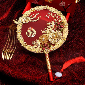 Chinese Traditional Wedding Bridal Fan Vintage Flower Red Golden Noiva Jewelry